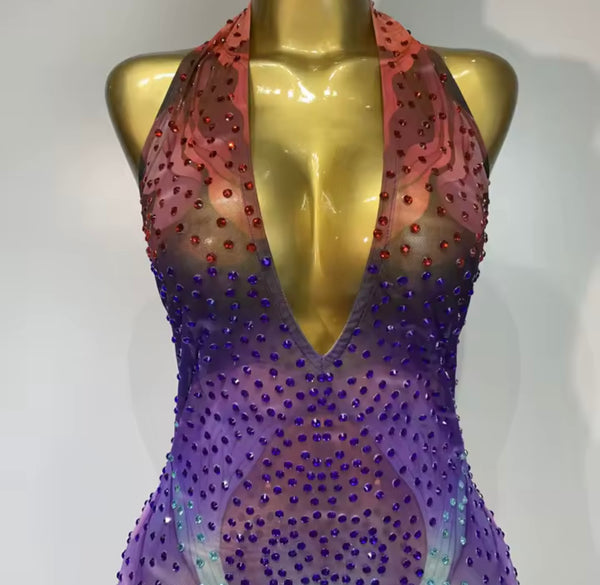 Women Multicolored Rhinestone Halter Sleeveless Mesh Jumpsuit