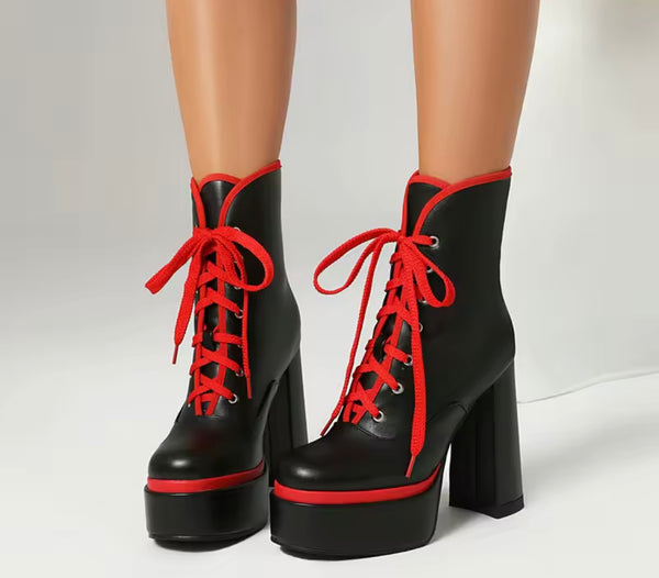 Women Fashion Color Patchwork Lace Up Platform High Heel Ankle Boots