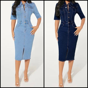 Women Short Sleeve Button Up Fashion Denim Dress