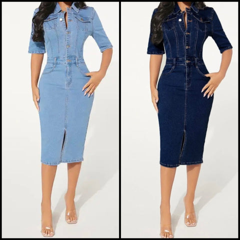 Women Short Sleeve Button Up Fashion Denim Dress