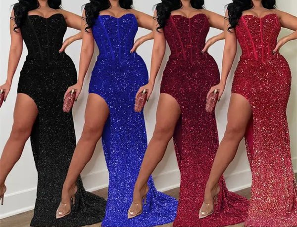 Women Sexy Strapless Sequins Side Split Maxi Dress