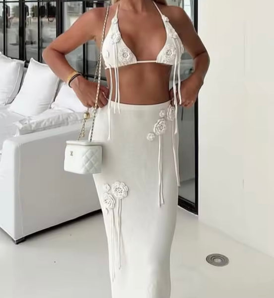Women White Sexy 3D Floral Tassel Two Piece Maxi Skirt Set