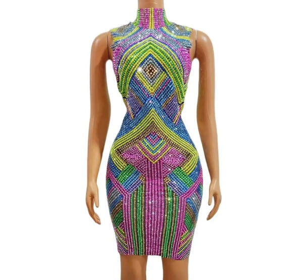 Women Sexy Sleeveless Multicolored Rhinestone Dress