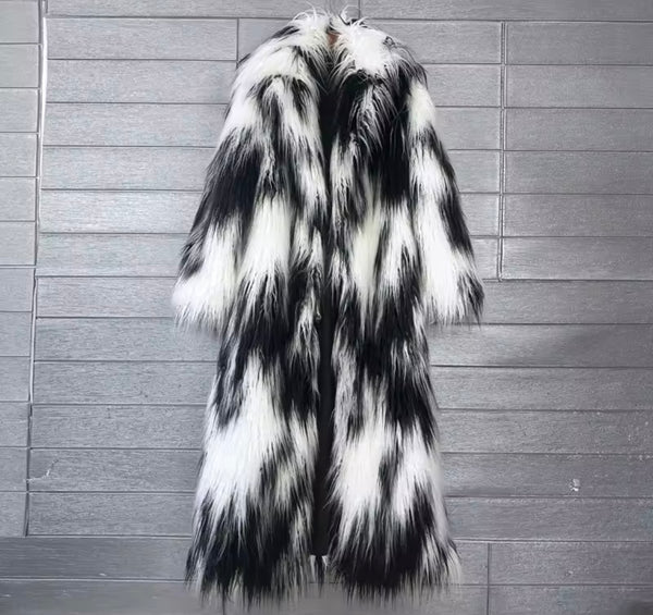 Women Fashion Multicolored Faux Fur Long Trench Jacket