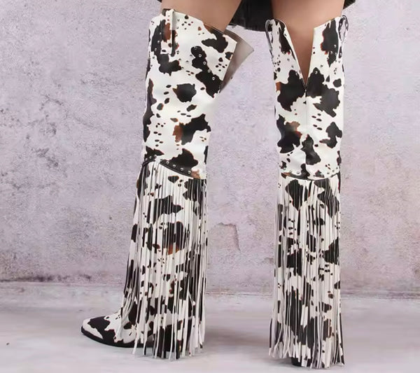 Women Fashion Animal Print Tassel Over The Knee Western Boots