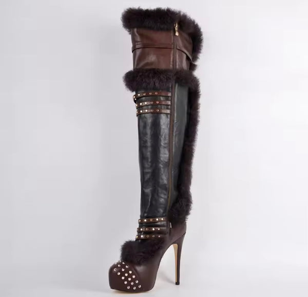 Women Fashion Fur Rivet Buckled Color Patchwork Knee High Boots