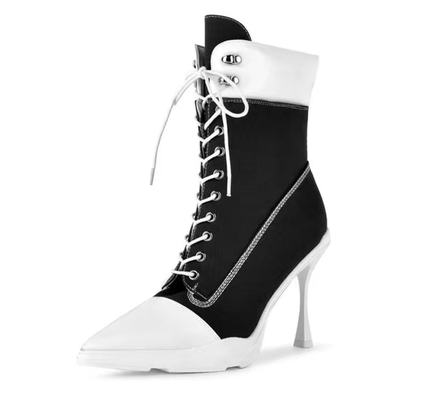 Women Color Patchwork Pointed Toe Lace Up Ankle Boots