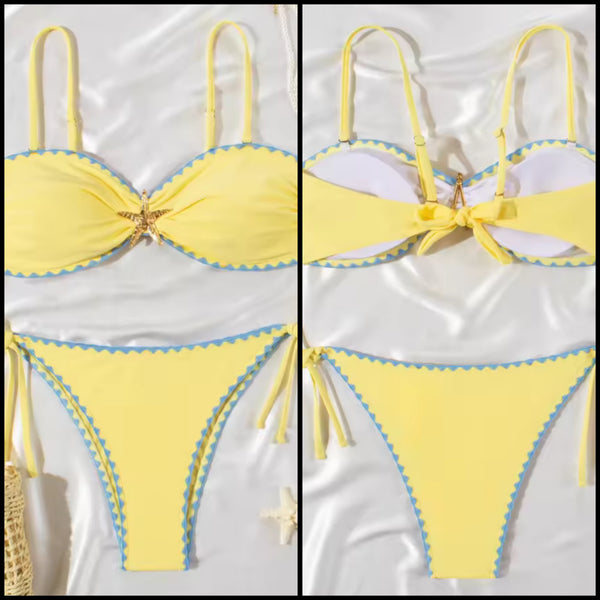 Women Yellow Color Patchwork Starfish Bikini Swimsuit