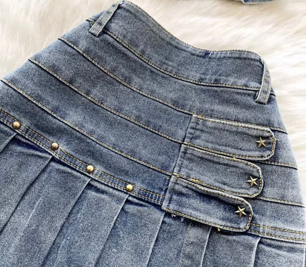 Women Zipper Strapless Denim Two Piece Pleated Skirt Set