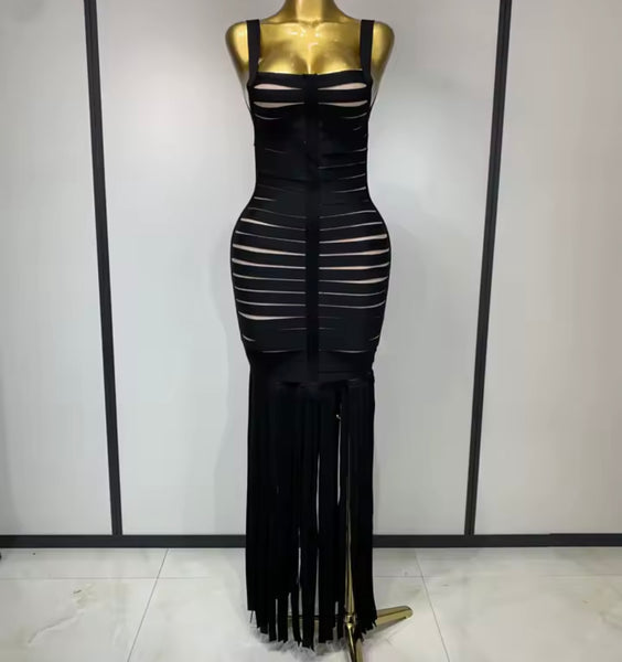Women Sexy Black Sleeveless Fringe Tassel Bandage Maxi Dress