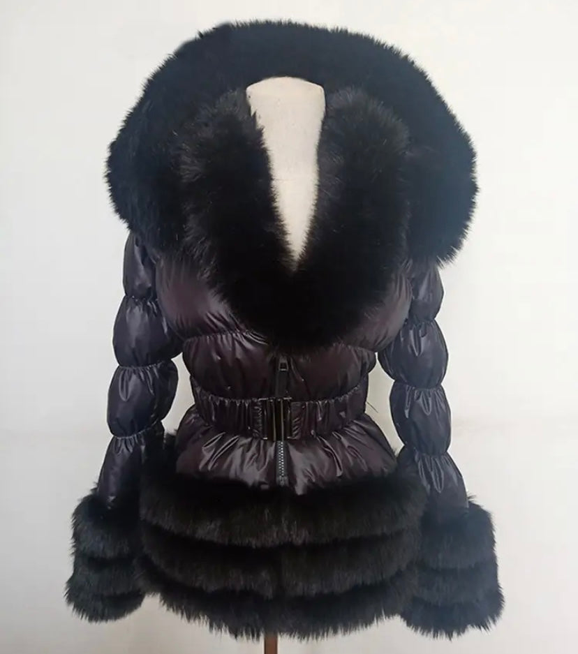 Women Fashion Hooded Faux Fur Patchwork Belted Jacket