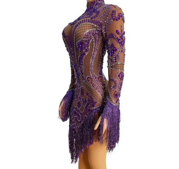 Women Sexy Purple Beaded Crystal Full Sleeve Tassel Mesh Dress