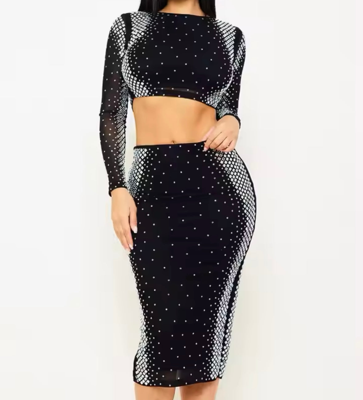 Women Sexy Solid Color Bling Full Sleeve Crop Two Piece Skirt Set