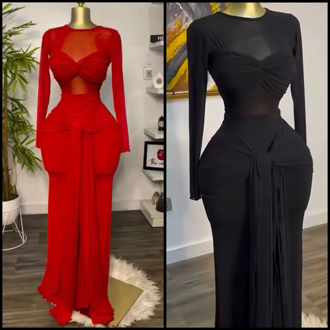 Women Sexy Solid Color Tie Up Full Sleeve Maxi Dress