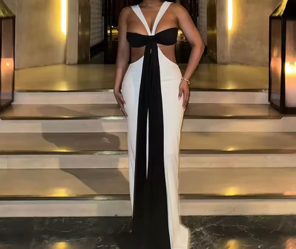 Women Sexy Halter Sleeveless B&W Bow Cut Out Maxi Dress