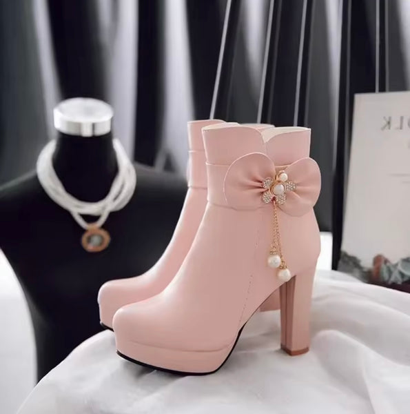 Women Fashion Bling Bow Pearl Tassel High Heel Ankle Boots