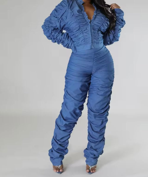 Women Fashion Ruched Zip Up Full Sleeve Two Piece Blue Pant Set