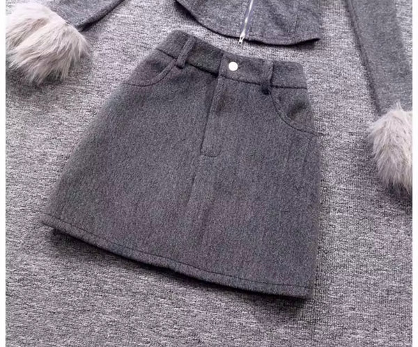 Women Gray Fur Patchwork Zip Up Full Sleeve Two Piece Skirt Set