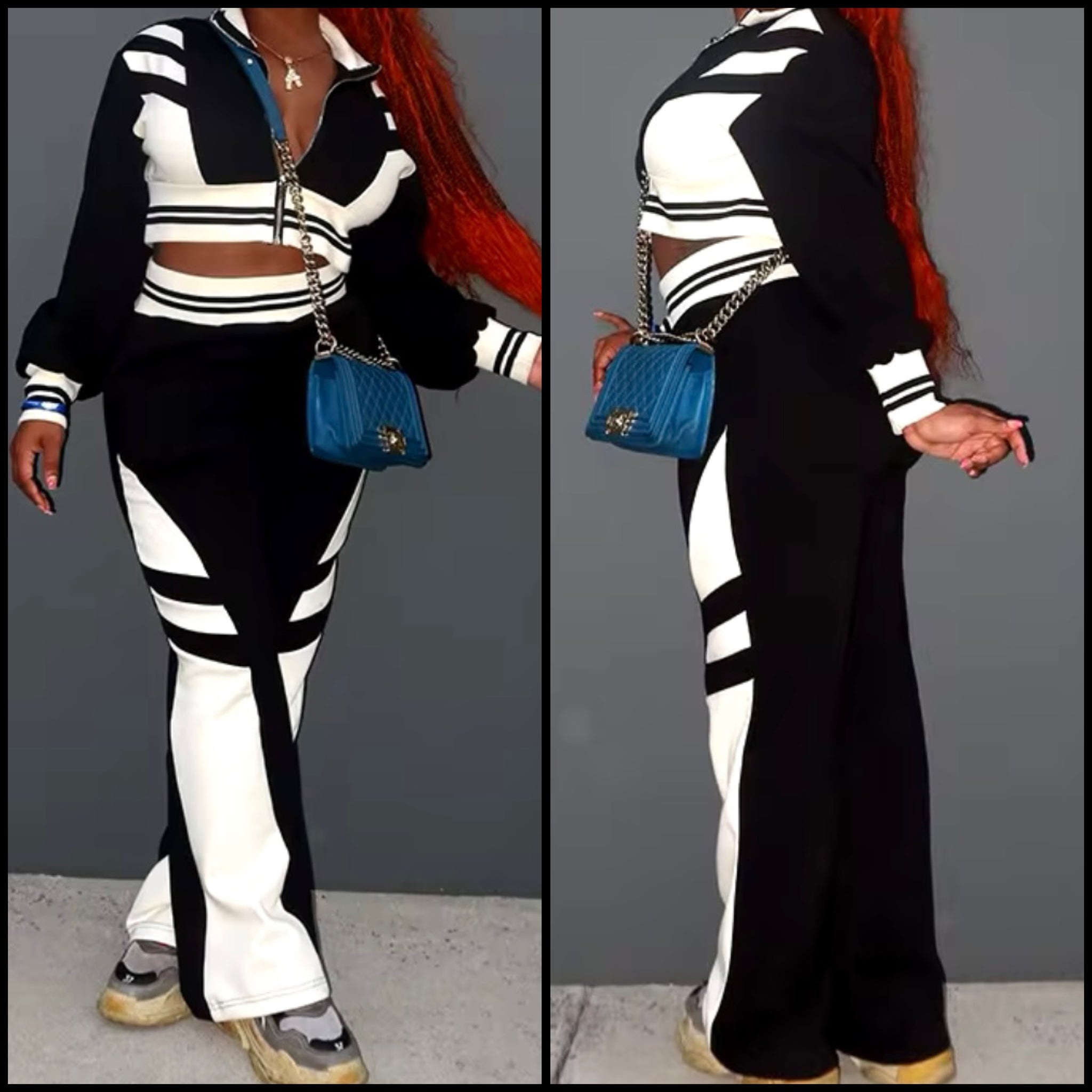 Women Fashion B&W Zip Up Full Sleeve Tracksuit Two Piece Pant Set