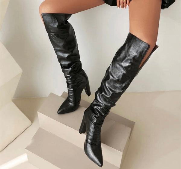 Women Pointed Toe Solid Color Fashion PU Knee High Boots