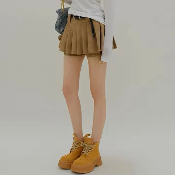 Women Fashion Suede Pleated Short Skirt