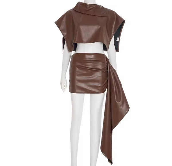 Women Faux Leather Irregular Crop Two Piece Skirt Set