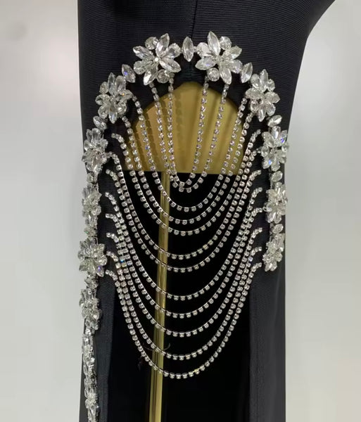 Women Black Rhinestone Floral Chain Full Sleeve Side Split Maxi Dress