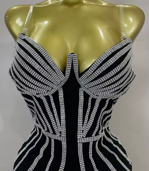 Women Sexy Sleeveless Black Rhinestone Tassel Dress