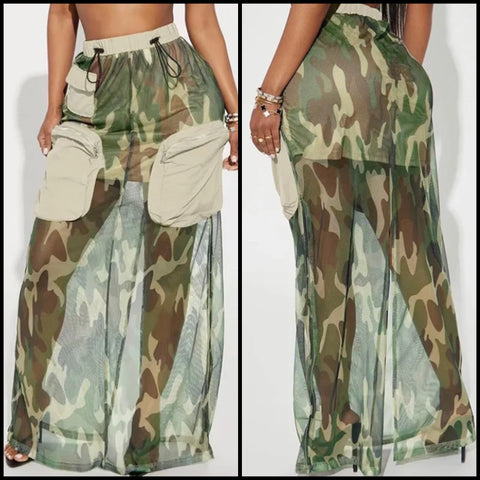 Women Sexy Mesh Camouflage Drawstring Maxi Skirt