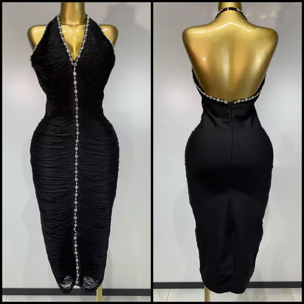 Women Sexy Black Rhinestone Fringe Halter Open Back Dress