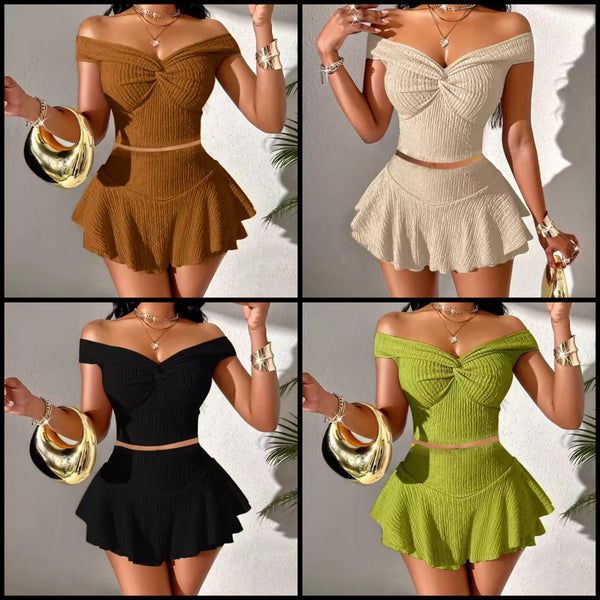 Women Sexy Off The Shoulder Crop Two Piece Short Skirt Set