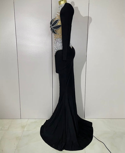 Women Sexy Rhinestone Pearl Mesh Patchwork Maxi Dress