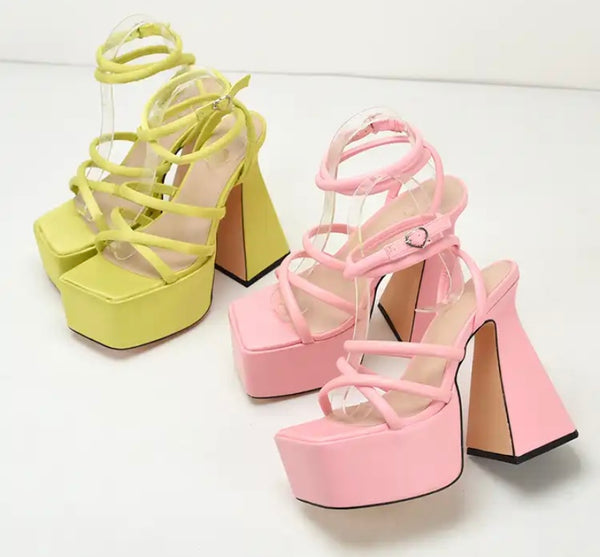 Women Fashion Square Toe Color Platform Ankle Strap Sandals