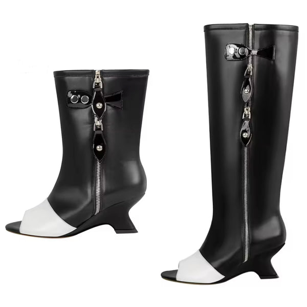 Women Fashion B&W Open Toe Zip Up Buckled Ankle/Knee High Boots