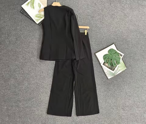 Women Black One Shoulder Blazer Fashion Two Piece Wrap Pant Set