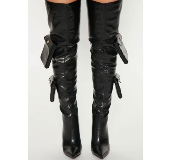 Women Black Faux Leather Pocket Fashion Over The Knee Boots