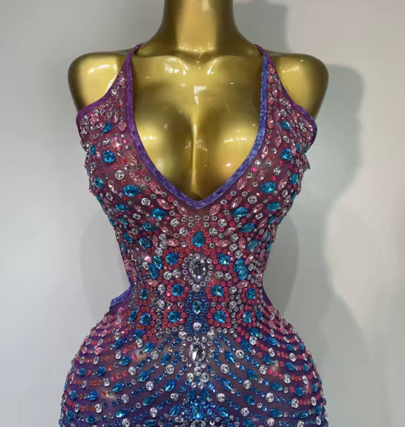 Women Sexy Halter Open Back Multicolored Rhinestone Maxi Dress