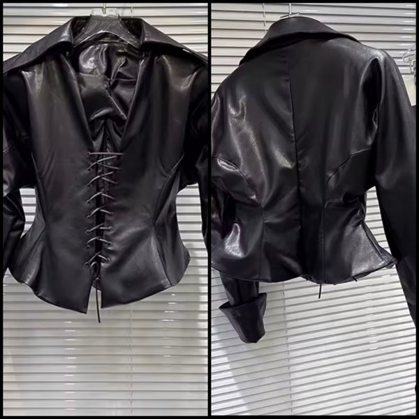 Women Fashion Black Lace Up Full Sleeve Faux Leather Top