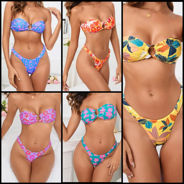 Women Sexy Strapless Colorful Print Bikini Swimsuit