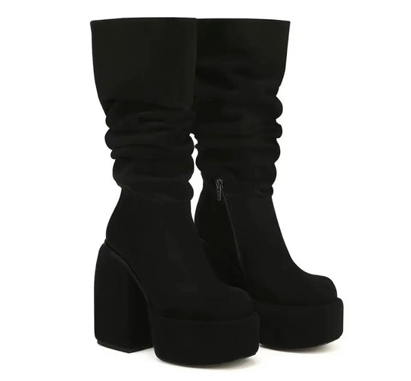 Women Fashion Suede Ruched Platform Square Heel Boots