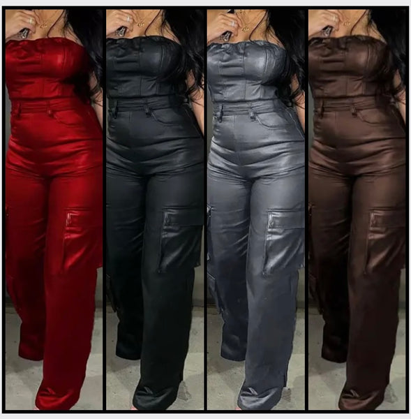 Women Sexy Strapless Faux Leather Cargo Jumpsuit