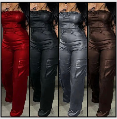 Women Sexy Strapless Faux Leather Cargo Jumpsuit