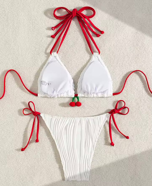 Women Sexy Halter Tie Up Cherry White Bikini Swimsuit