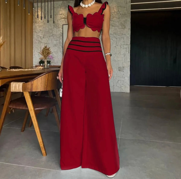 Women Sexy Ruffled Sleeveless Two Piece Wide Leg Pant Set