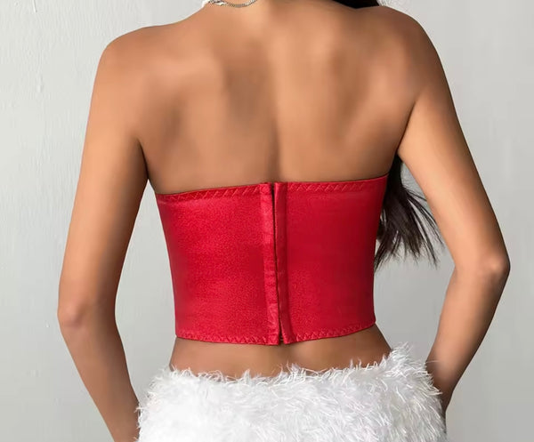 Women Sexy Red Heart Strapless Satin Corset Top