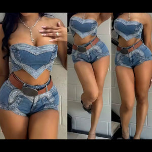 Women Sexy Strapless Color Patchwork Denim Two Piece Short Set