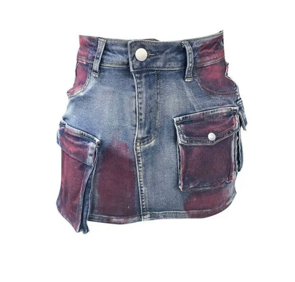 Women Fashion Color Patchwork Cargo Denim Skirt