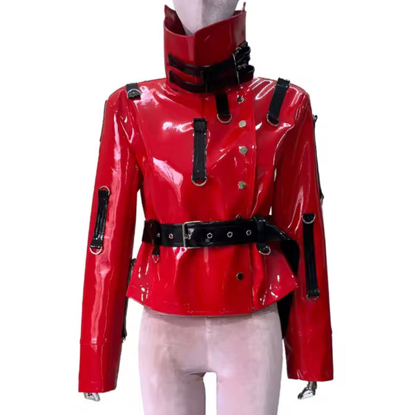 Women Fashion Red PU Leather Buckled Short Jacket