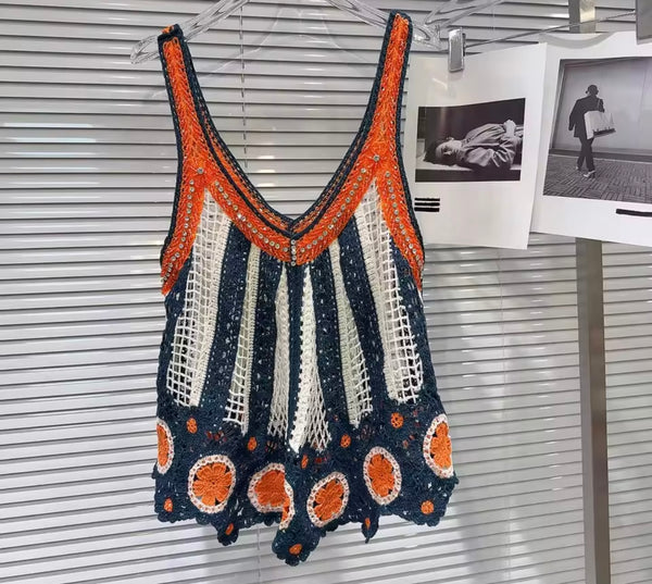 Women Rhinestone Sleeveless Color Patchwork Knitted Tank Top