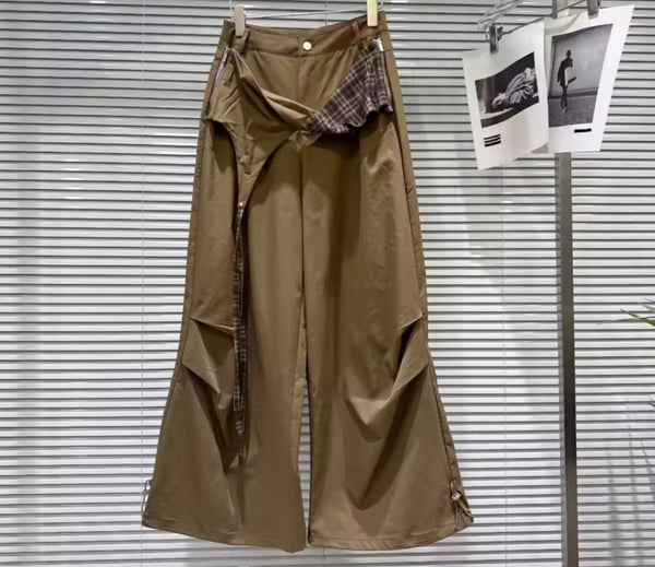 Women Fashion Plaid Belted Wide Leg Pants